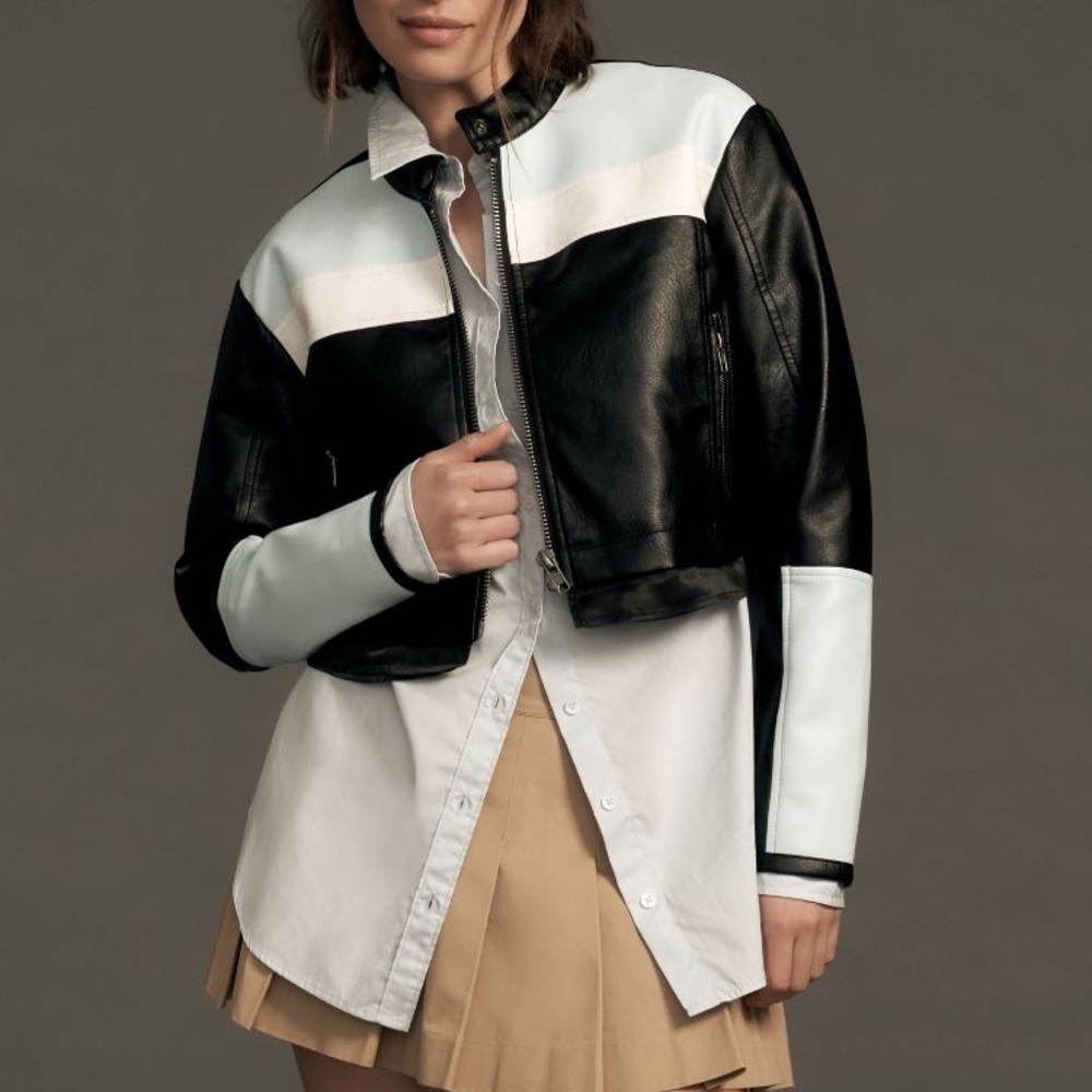 Anthropologie Maeve Cropped Colorblock Bike Jacket Black White Vegan Leather - Picture 4 of 11